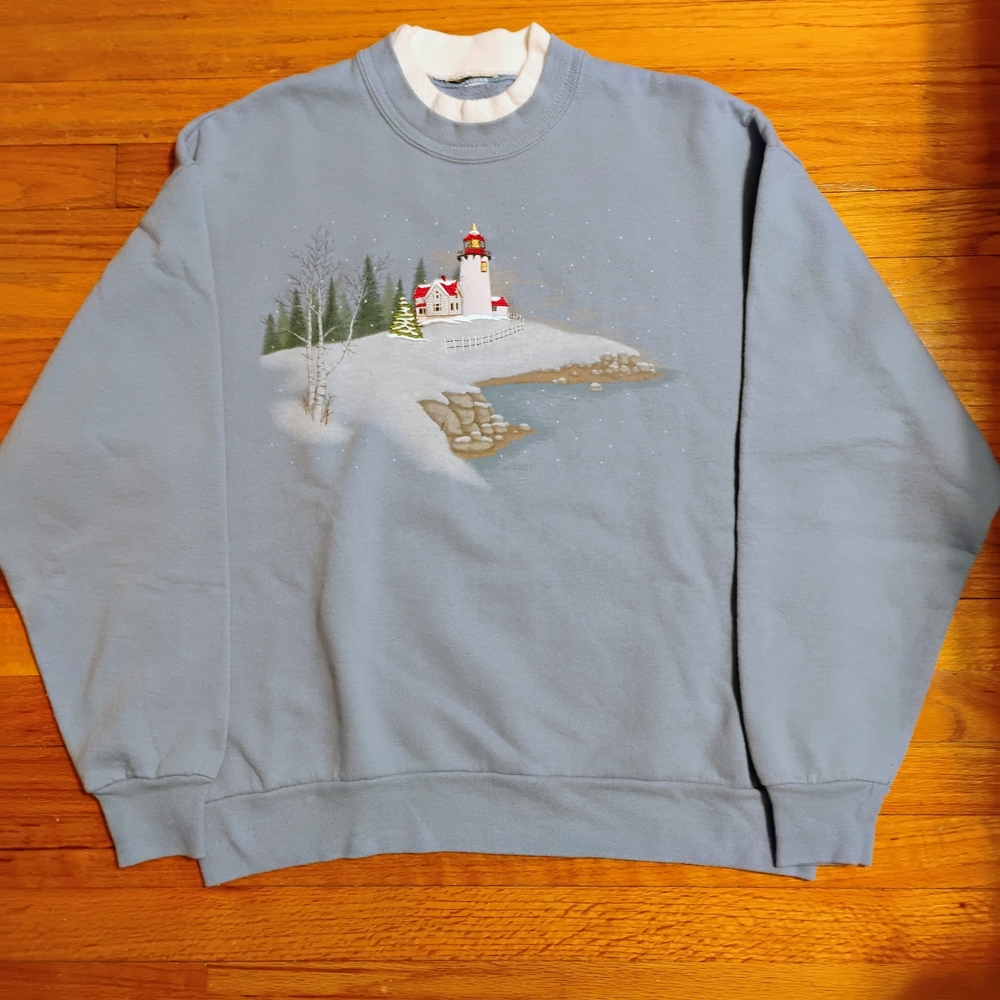 Woman's Size L/XL Blue Sweater shirt with Lighthouse Winter Design